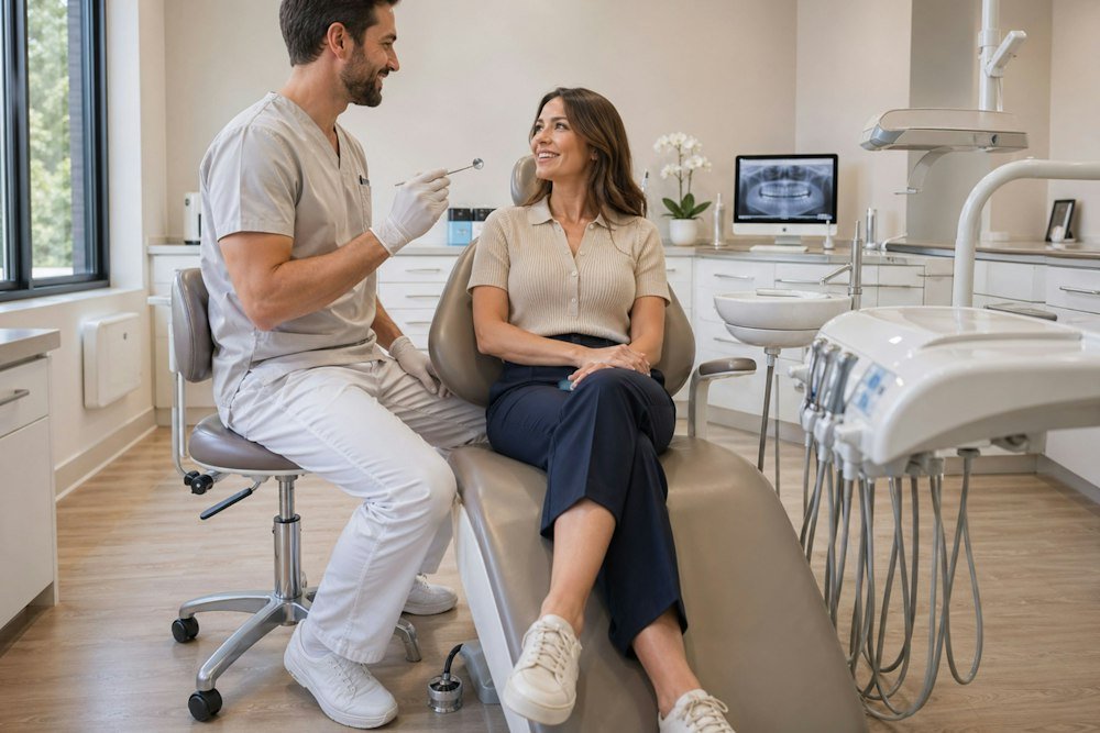 Dentist talking with a patient in a bright, modern dental clinic